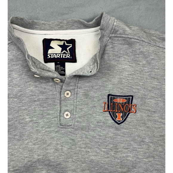 Starter Men's Sweatshirt Large‎ Illinois Gray Quarter Button Vintage Heavyweight
